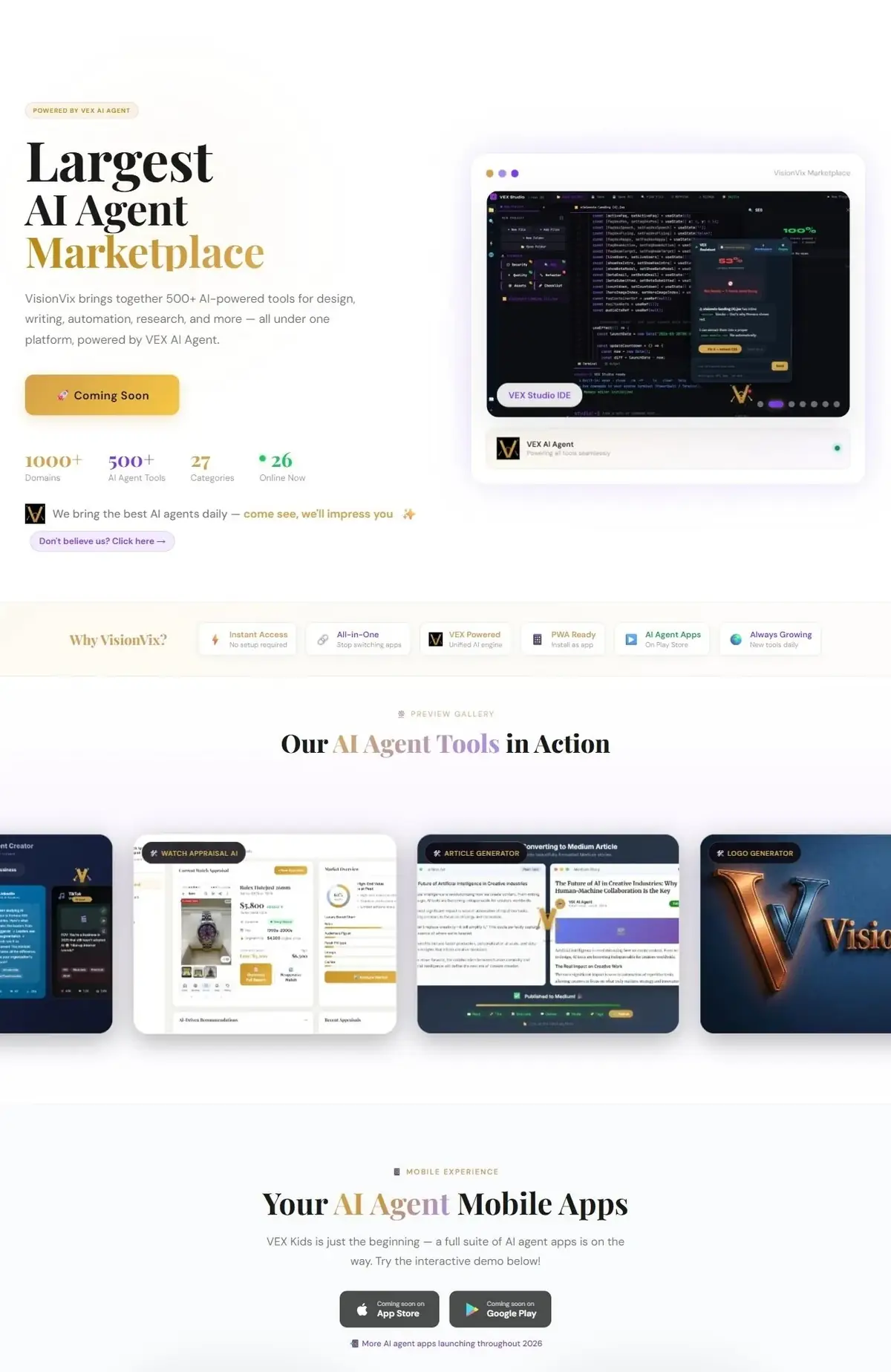 VisionVix — AI Agent Marketplace website screenshot
